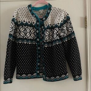 L.L. Bean Faire Isle Black,White,Turquoise Cardigan Metal Button Down Sweater